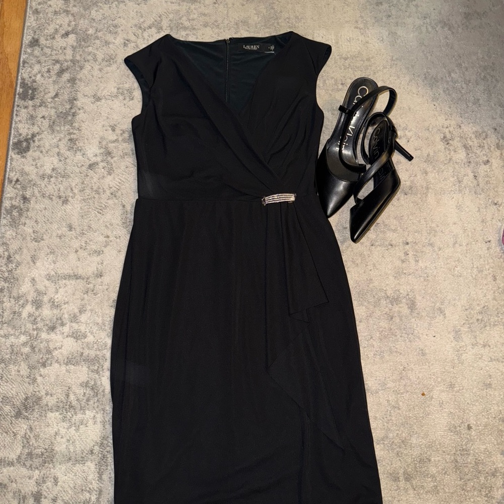 Ralph Lauren Black Midi Dress with Embellished Waist